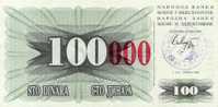 BOSNIA:  100 000 Dinara On 100 Dinara, 1993 UNC *P-56d * 16mm High Red Zeroes - 24.12.1993 - Bosnië En Herzegovina