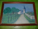 ART,EGLISE,ROUTE DE CAMPAGNE,PRAIRIE,NOYER,BA RRIERE  EN BOIS,PEINTURE SUR TOILE,SIGNEE MONICA - Olii