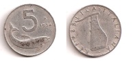 5 Lire – Italie – 1954 – Dauphin – Aluminium – Etat TB – KM 92 - 5 Liras