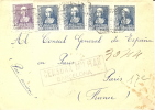 Spain 1939 Registered Cover From Barcelona To France With Queen Isabela 40 Cts + 4 X 50 Cts And Military Censorship - Beroemde Vrouwen