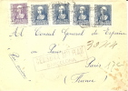 Spain 1939 Registered Cover From Barcelona To France With Queen Isabela 40 Cts + 4 X 50 Cts And Military Censorship - Donne Celebri