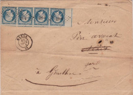 20c EMPIRE - 1854 - RARE BANDE De 4 Avec LIGNE D'ENCADREMENT / ENVELOPPE De MENDE (LOZERE) Pour GENOLHAC - COTE = 1750 E - 1853-1860 Napoleon III