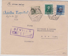 ESPAGNE - 1938 - ENVELOPPE Par AVION Avec CENSURE De SEVILLA Pour AUE (GERMANY) Avec VIGNETTE Au DOS - PROPAGANDE - Brieven En Documenten