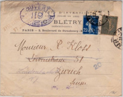 1917 - SEMEUSE MIXTE CAMEE/LIGNEE Sur ENVELOPPE Avec CENSURE Pour ZÜRICH (SUISSE) - Lettres & Documents