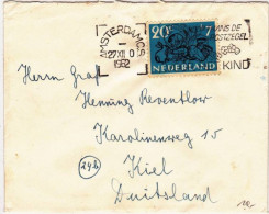 NEDERLAND - 1952 - VIGNETTE TUBERCULOSE AU DOS ! LETTRE OBLITERATION MECA "VOOR HET KIND" (ENFANT) De AMSTERDAM => KIEL - Storia Postale