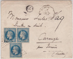 EMPIRE LAURE - 1868 - YVERT N° 29A X3 Sur DEVANT De LYON (GC2145) Avec CONVOYEUR STATION De VOIRON (38) Pour GENEVE - 1863-1870 Napoléon III Lauré