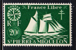 St Pierre Et Miquelon 1942 MNH Sc 313 20fr St Malo Fishing Schooner - Ungebraucht