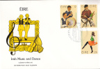 Ireland Scott #484-#486 FDC Irish Music And Dance Bodhran Drum And Whistle Players, Uilleann Pipes, Dancer - FDC