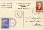 CARTE POSTALE 1938 EXPOSITION PHILATÉLIQUE RÉGIONALE #  ST ETIENNE # VIGNETTE + TIMBRE A FRANCE - Philatelic Fairs