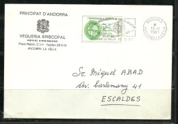 ANDORRA- VEGUERIA EPISCOPAL CARTA CIRCULADA CON FRANQUICI POSTAL INTERIOR. MAS FLAMA I CINEMA AMATEUR. - Episcopale Vignetten