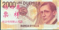 BOC (Bank Of China) Training Banknote, Italia 2000 Lire Banknote Specimen Overprint - Autres & Non Classés