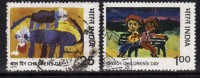 India Used 1977, Set Of 2, Childrens Day, Painting, Kinder, 'Cats', 'Friends', Animal Cat, - Gebruikt