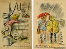 ENFANTS - Sous Un Parapluie Et Puisant De L'eau Au Puits - Le Lot De 2 Cartes - Levasseur, Roger