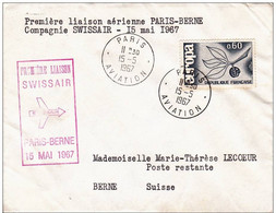 SWISSAIR - 1967 - ENVELOPPE 1° VOL PARIS à BERNE (SUISSE) - First Flight Covers