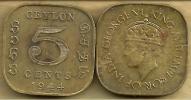 SRI LANKA CEYLON BRITISH 5 CENTS INSCRIPTIONS FRONT KGVI HEAD BACK 1944 VF/VF KM113 READ DESCRIPTION CAREFULLY !!! - Sri Lanka