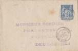 7010# ENTIER POSTAL SAGE ENVELOPPE 116x71 VOLVIC PUY DE DOME 1893 REPIQUAGE ARTISANAL PHARMACIE PARTHENAY DEUX SEVRES - Sobres Transplantados (antes 1995)