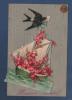 JOLIE CARTE PORCELAINE AVEC DECOUPIS HIRONDELLE AVEC LETTRE / BATEAU VOILIER AVEC FLEURS - HEUREUSE ANNEE - Porcelaine