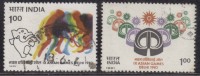 India 1981 Used, Set Of 2, Asian Games Sport, Hockey Player, Mascot APPU, Elephant, Jantar Mantar Observatory, Astronomy - Gebruikt