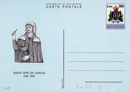 SAN MARINO 1981 - INTERO POSTALE SERIE PERSONAGGI SANTA RITA L. 200 - CATALOGO FILAGRANO C51 - NUOVO - Postwaardestukken