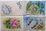 Cpa Rare Beau Lot 4x Aquarelle Sur Celluloid Plastique Transparent Ajoutis Decoupis Trefle Fleur Rose Houx Fer A Cheval - Porzellan