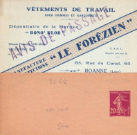 1937 - SEMEUSE - RARE BANDE JOURNAL COMPLETE NEUVE Sur CARTE PUBLICITAIRE De ROANNE (LOIRE) - STORCH I8 COTE = 110 EUR. - Bandes Pour Journaux