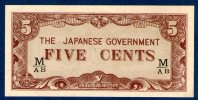 JAPAN / MALAYA. JAPANEESE OCCUPATION. 5 CENTS. "M/AB". 1942. UNC / NEUF - Giappone
