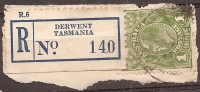 TASMANIA - Registration Label For Derwent Tied To King George V On Piece - Gebruikt