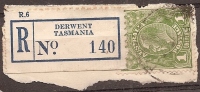 TASMANIA - Registration Label For Derwent Tied To King George V On Piece - Gebraucht