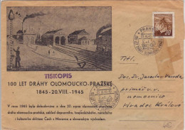 TCHECOSLOVAQUIE - 1945 - ENVELOPPE DECOREE CENTENAIRE De La LIGNE CHEMIN De FER OLOMOUC à PRAGUE - Storia Postale