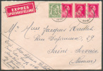 1Fr Léopold III Col  Ouvert (bande De 3) + 35 Cent. Lion Sceau De L'Etat, Obl. Sc BRAINE-le-COMTE S/L. Exprès Du 7-X-194 - 1934-1935 Leopold III.