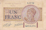 BILLET CHAMBRE DE COMMERCE DE PARIS BON DE UN FRANC N° 0053276 S E 72 1 JUILLET 1922 - Cámara De Comercio