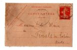 ENTIER POSTAL CARTE LETTRE Correspondance: Semeuse Ferrals Les Corbières Montseret 1915 Ambulant Narbonne Thézan - Kartenbriefe
