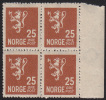 NORWAY 1927 - NK 147 25 öre Lion MNH Right Margin Block Of 4 (watermark Pos. 2) - Unused Stamps