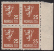 NORWAY 1927 - NK 147 25 öre Lion MNH Right Margin Block Of 4 (watermark Pos. 2) - Ongebruikt