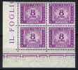 Filatelia - SEGNATASSE ANNO 1956 - 8 LIRE STELLE GOMMA INTEGRA NUOVO ** MNH - ( CC ) QUARTINA ANGOLO DI FOGLIO RARA - Postage Due