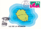 Ile De La Réunion,plan,carte De Cette Ile Volcanique De L´archipel Des Mascareignes,PREMIER JOUR,TAMPON,TIMBRE - Saint Denis