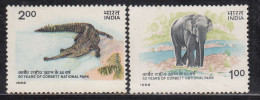 India MNH 1986, Set Of 2, Corbett National Park, Indian Elephant, Crocodile, Reptile - Unused Stamps