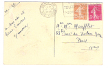 Carte Avec Timbre Semeuse 25 C Bistre, YVERT N ° 235 + 5 C Rose, N° 278 B Obl Flamme Paris Rue Singer, 1938 - Posttarife