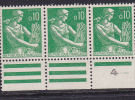 FRANCE N°1231 10C VERT TYPE MOISSONNEUSE POSTES AVEC 1 GRAND S BANDE DE 3 NEUF SANS CHARNIERE - Ungebraucht