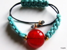 Bracelet Shamballa Coton Enduit Turquoise Sur Noir Perle Rouge Orangé Sur Feuille D'argent  La Perle Centrale Fait Envir - Pulseras