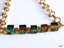 Collier Sautoir Perles Cubes Verre Bleu Vert, Filigrane Chaîne Dorée  Réglable Jusqu'à 69cms Environ. - Colliers/Chaînes