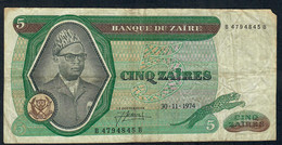 ZAIRE P21a 5 ZAIRES 30.11.1974 #B--B    FIRST DATE Small Piece Corner Missing VG NO P.h. ! ! - Zaïre