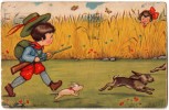 P CHILDREN HUNTING RABBITS WITH A DOG Nr. 0318 JAMMED OLD POSTCARD - Boriss, Margret