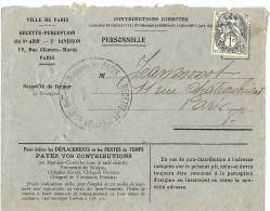 REF LBL7/2 - FRANCE BLANC 1c ARDOISE SUR LETTRE DE LA RECETTE PERCEPTION VILLE DE PARIS 8°ARRD.T - 1900-29 Blanc