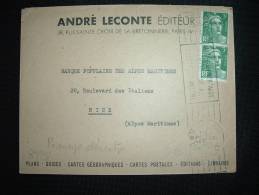 LETTRE TP MARIANNE DE GANDON 3 F X2 VARIETE OBL. MEC. 7 SEPT 47 PARIS 32 (75) + EDITEUR ANDRE LECONTE - 1945-54 Marianne Of Gandon