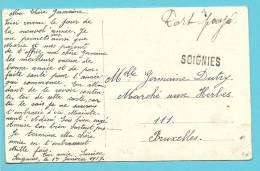 Kaart Met Naamstempel SOIGNIES Met Pen Geschreven PORT PAYE !! - Fortune Cancels (1919)