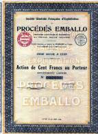 Société Générale Française D'Exploitation Des Procédés Emballo Action De 100 Francs De 1929 - Industrial