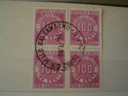 ITALIA REPUBBLICA - USATO  - QUARTINA - IMPOSTA DI  BOLLO PER CAMBIALI -  £ 100 X 4 - - Revenue Stamps