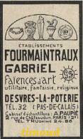 DOCUMENT / ETS FOURMAINTRAUX GABRIEL / FAIENCES D´ART / DESVRES LA POTERIE / PAS DE CALAIS / PUB 1952 - Non Classificati