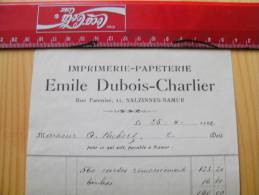 Fac Facture Emile Dubois Charlier Imprimerie Papeterie Salzinnes Namur 1922 - 1900 – 1949